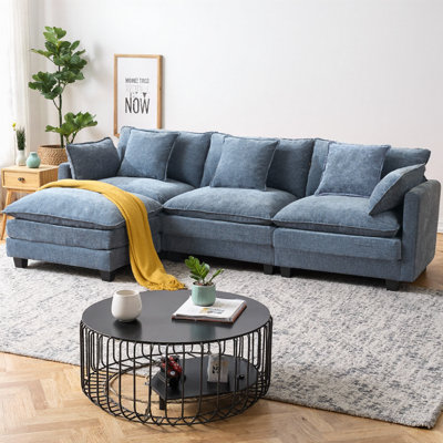 CloudHaven L-Shape Sectional Sofa with Ottoman, Chenille Upholstered 3-Seater Couch for Living Room & Apartment, Pillow Back with Movable Footrest, American Modern Design
