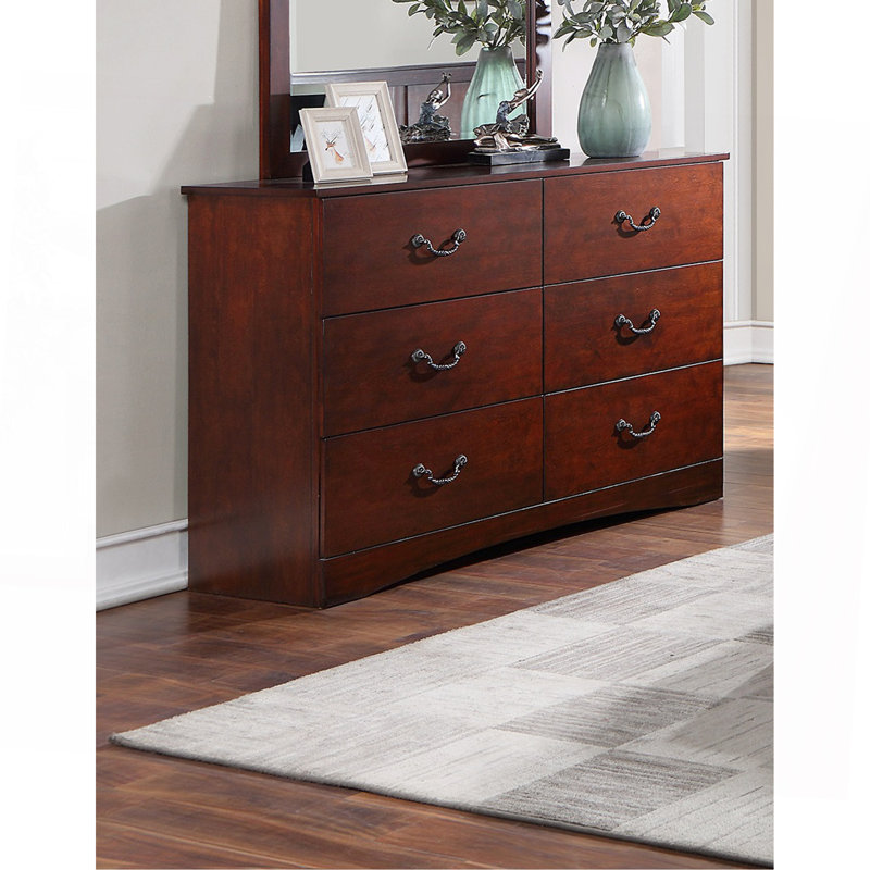 Commode contemporaine à finition cerisier avec miroir et 6 tiroirs