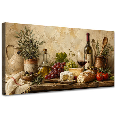 Vin et nourriture, art mural sur toile de cuisine, raisins rustiques, fromage, pain et table nature morte pour salle à manger ou coin vin, décor tendu avec galerie, prêt à accrocher, 16 x 32 po