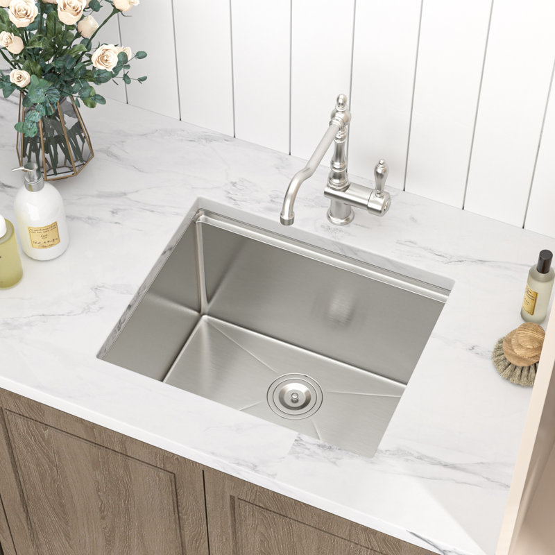 Drop In Utility Sink 16 Gauge Laundry Sink with Bottom Grid, 13" H x 23" W x 19"D, Brushed Nickel