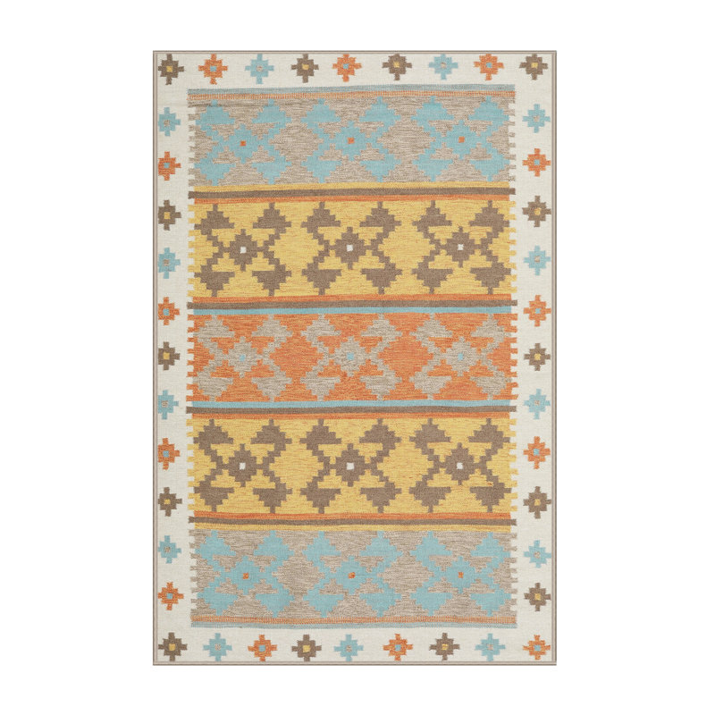 Tapis contemporain bleu ciel / jaune, Rectangle 2 pi x 4 pi