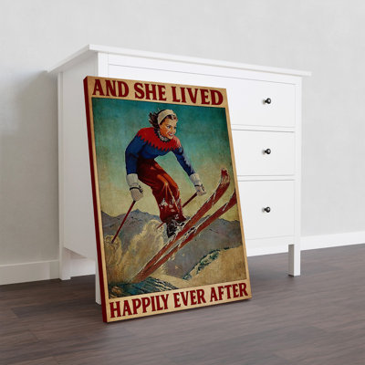 «Ski - She Lived Happily Ever After», toile tendue avec châssis - décor de sport, rouge et bleu