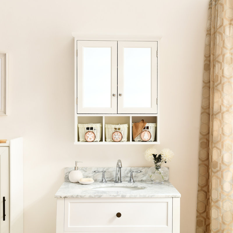 Armoire de salle de bain avec 2 portes et miroir - tablettes réglables, facile à assembler 3 Noël, rangement laqué blanc pour économiser de l'espace, pour