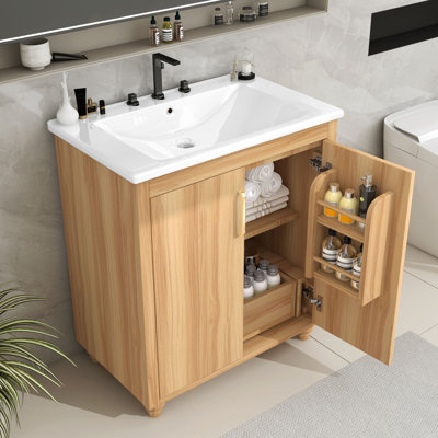 Meuble-lavabo 30 po avec lavabo - multifonctionnel avec portes et tiroir, panneau de fibres à densité moyenne, naturel - Mobilier de salle de bain