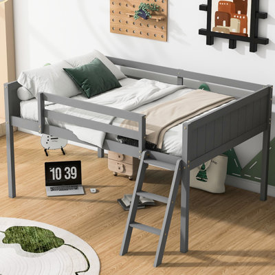 Lit mezzanine bas double en bois gris pleine grandeur avec assemblage sans sommier, assemblage simple et installation facile
