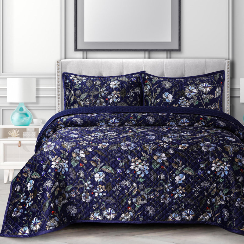 Amara Velvet Floral Quilt, King Quilt + 2 King Shams, Blue