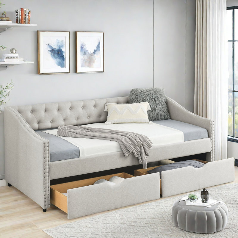 Daybed With Drawers, Button On Back And Copper Nail On Waved Shape Arms, Twin