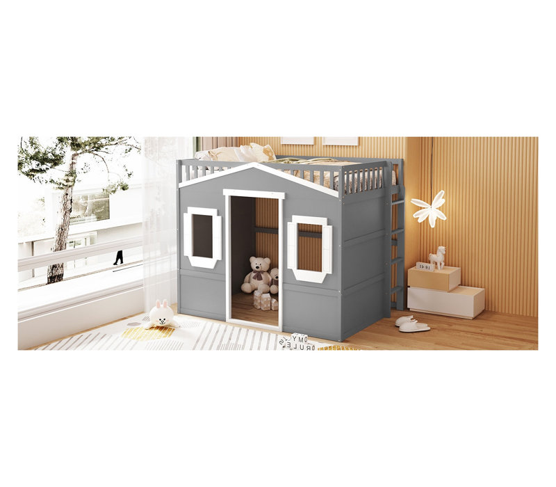 Lit mezzanine double avec échelle, structure en bois massif blanc et gris