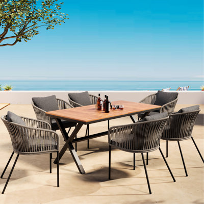7 pièces de salle à manger de patio avec plateau en bois et cadre en métal gris