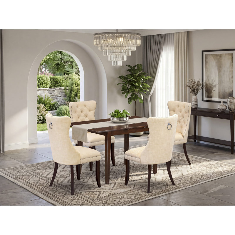 Ensemble de coin-repas 5 pièces comprenant une table de cuisine rectangulaire avec rallonge amovible et 4 chaises rembourrées, acajou
