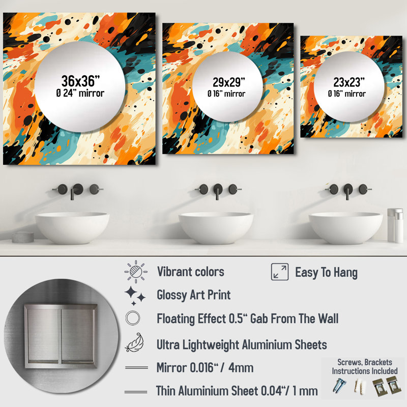 Plume multicolore Fury V - art mural moderne carré en miroir pour salle de bain, 23 po x 23 po
