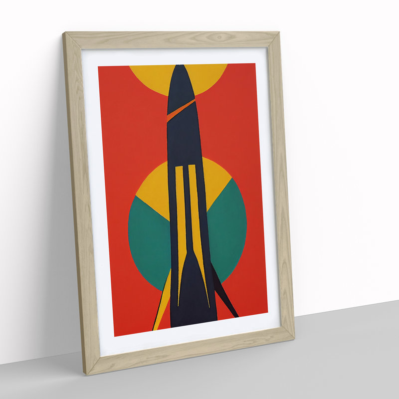 Retro Spaceship Rocket No.3 - Wall Art, 64cm H x 46cm W x 2cm D, Oak Framed