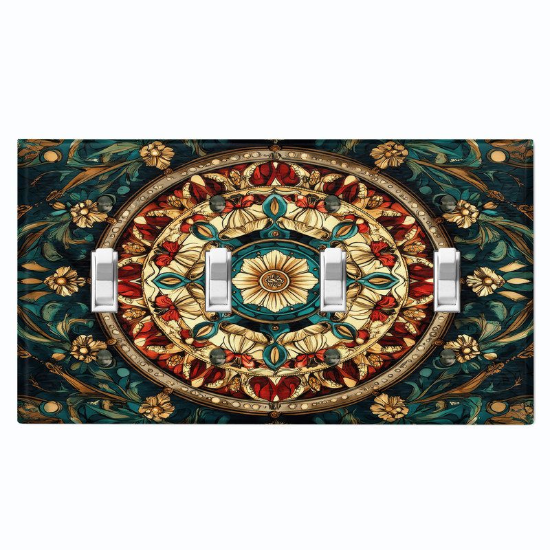 Couvercle de plaque d'interrupteur en métal; Bascule à 4 bandes US standard - image imprimée d'un mandala floral en vitrail