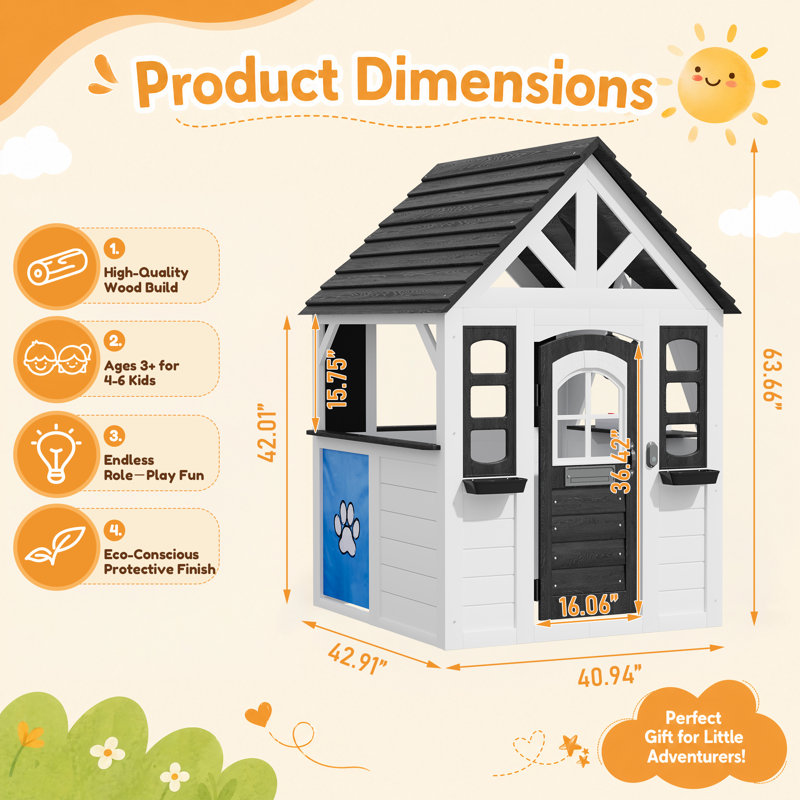Maisonnette d'extérieur en bois avec cuisine, porte pour animaux, boîtes à fleurs et tableau noir pour enfants