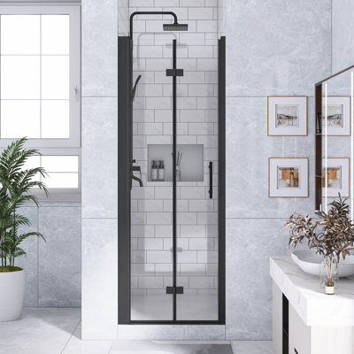 28 In. W × 72 In.H Bifold Shower Door In Matte Black | 1/4"(6Mm) Tempered Glass | Aluminum Frame | Explosion Proof Film | Stainless Steelhinge | Magnetic Stripaftracts