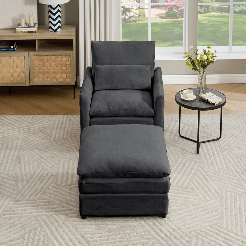 32.5''W Modern Upholstered Accent Chair With Ottoman, Dark Gray