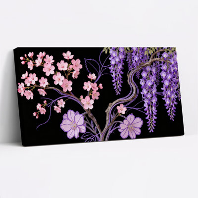 Cherry Blossom And Wisteria Floral Canvas Wrapped Wall Art Oil Painting Print Set Of 1