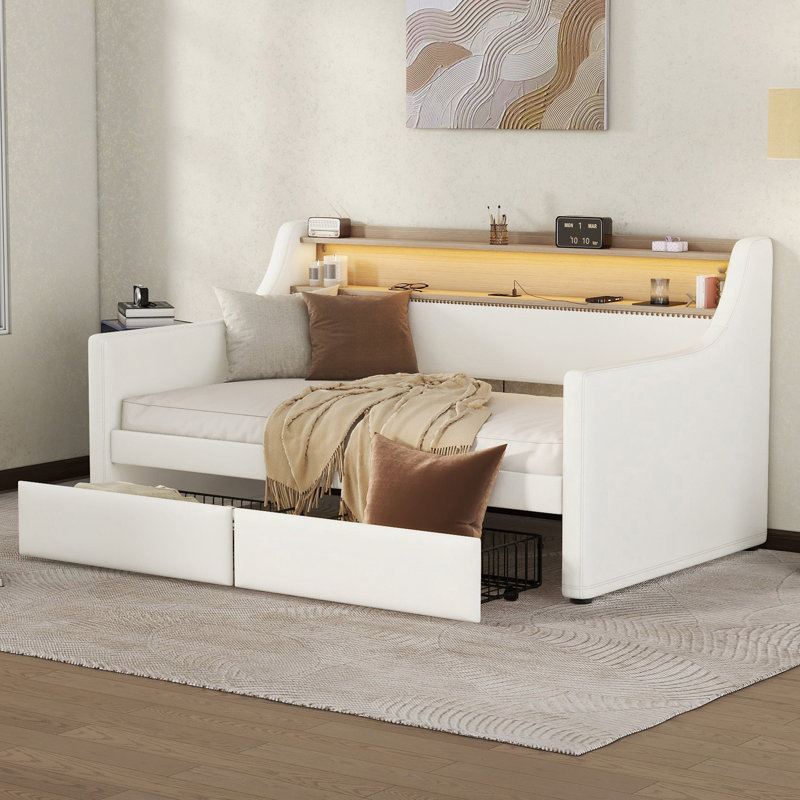 Storage Daybed with Charging Station and LED Lights, White