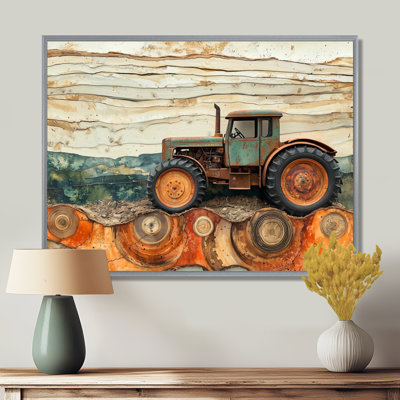 «Farm with Tractor Landscape On A Top Of Orange», reproduction d'art sur toile encadrée