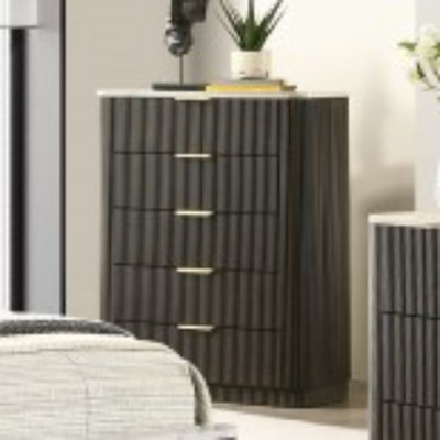 5-Drawer Contemporary Dark Walnut Solid Rubberwood Chest, Sideboard with Artificial Marble Top