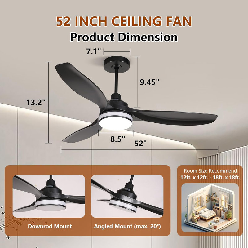 52 Inch Ceiling Fan With Light, RGB Backlight Quiet LED Ceiling Fan With Remote For Bedroom, Living Room, Kitchen, 3CCT, 6 Speeds, Reversible, Dimmable, Timer, Memory