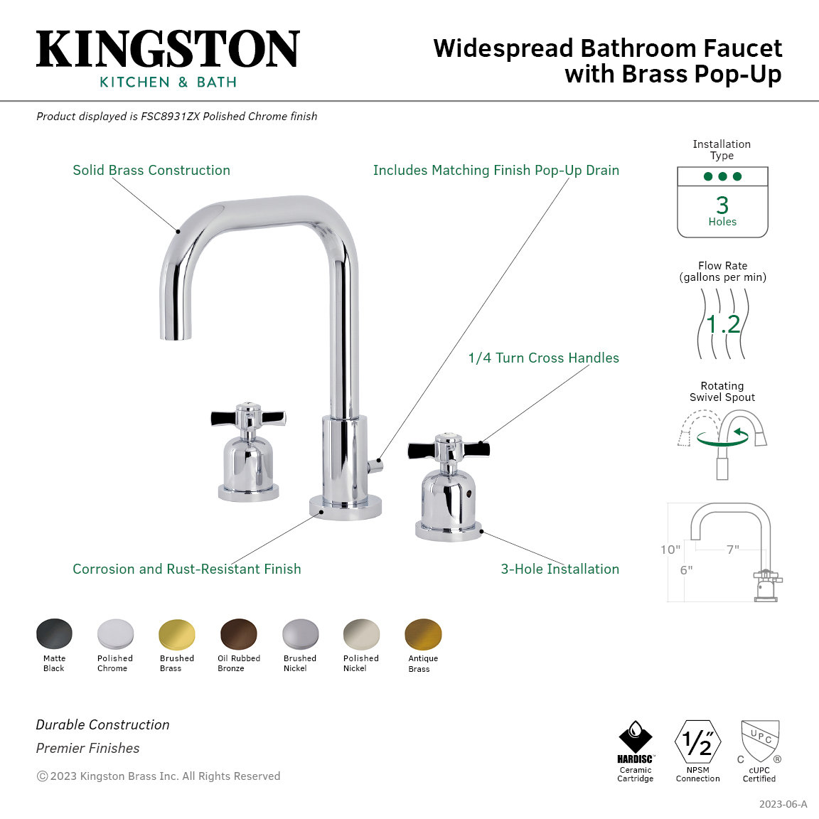 Kingston Brass Millennium Two-Handle 3-Hole Deck Mount Widespread Bathroom Faucet with Brass Pop-Up Drain, Matte Black