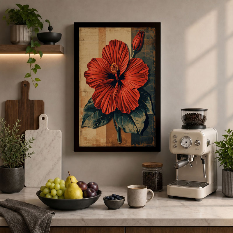 Crimson Hibiscus Botanical - Wrapped Canvas, 36x24 - 91.4 x 61.0 cm, Black Border