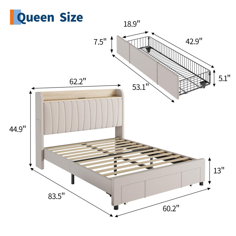 Queen Size Upholstered Bed Frame with Storage Headboard and Charging Station, Platform Bed Frame with Drawers, Beige, Queen