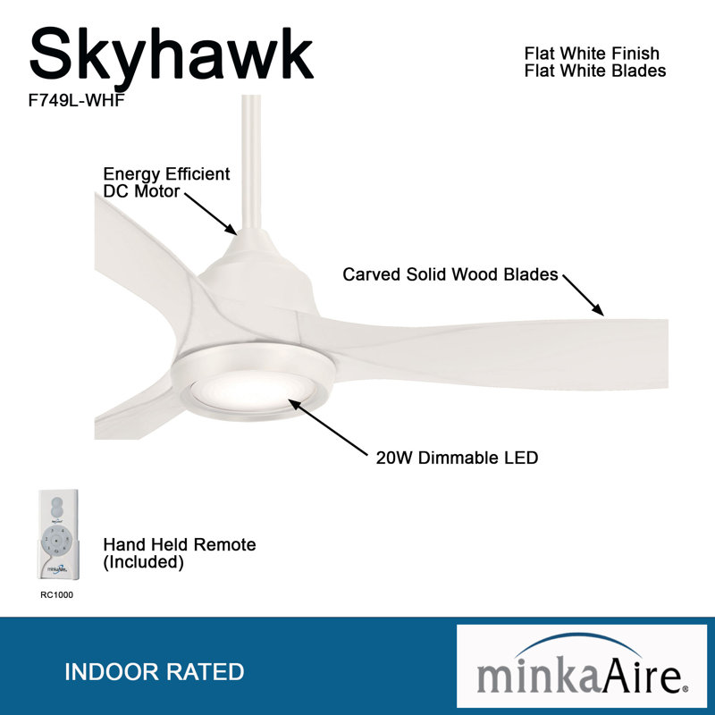 60" Sky Hawk 3 -Blade LED Standard Ceiling Fan with Remote Control and Light Kit Included, White