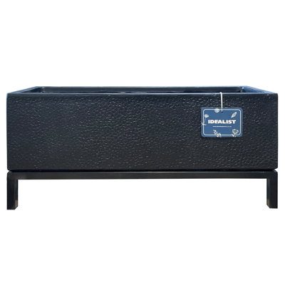 Indoor Raised Trough Planter, Concrete Effect Rectangular Plant Pot with Hammered Pattern, Black Flower Pot on Metal Stand