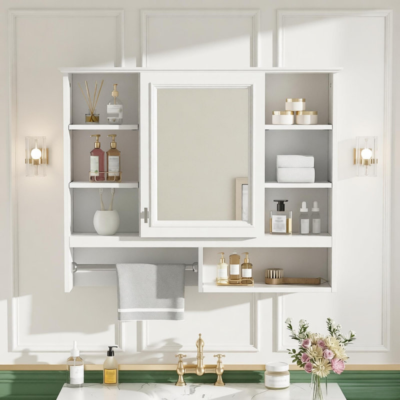 Armoire de rangement murale 55 po 2 en 1 avec tablettes réglables, charnières à fermeture en douceur, miroirs haute définition, pour meuble-lavabo, salon, rangement dans la chambre à coucher