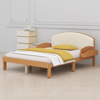 Platform bed frame with curved padded headboard and side storage for modern bedrooms