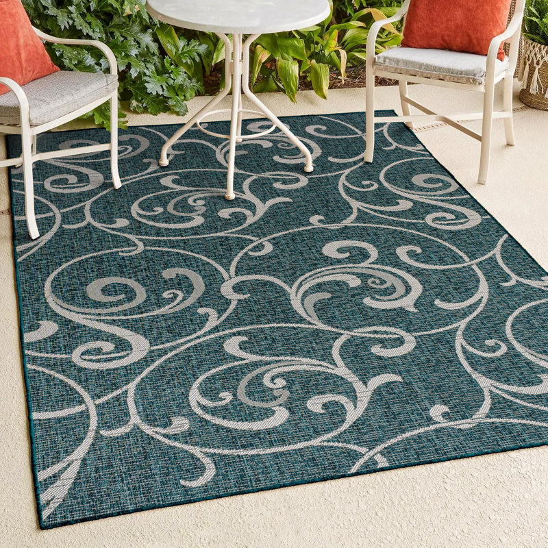 Maribel Traditional Classic All-Over Scroll Turquoise/Cream Indoor/Outdoor Rug, Rectangle 7'10" x 10'