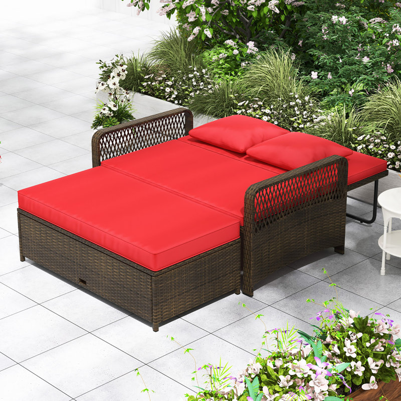 Causeuse de patio en rotin avec repose-pieds en osier et repose-pieds multifonctionnel, Rouge