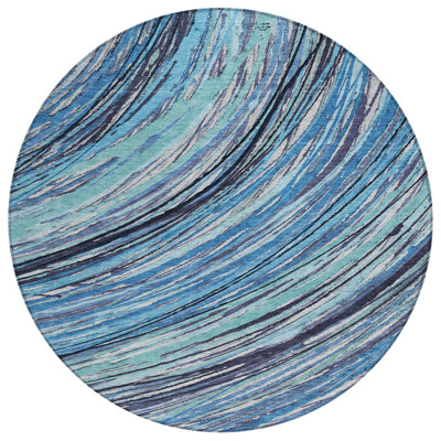 Tapis extérieur rond lavable abstrait bleu et ivoire 8 pi