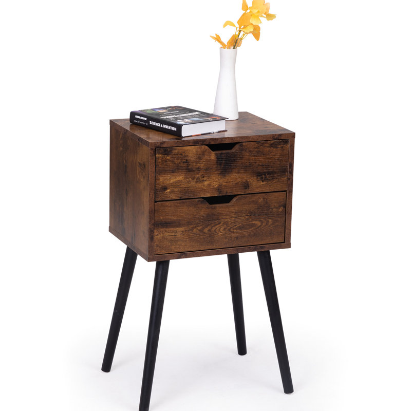 Table de chambre à coucher rustique brune avec 2 tiroirs pratiques - Pieds en bois massif, pour rangement de table de chevet