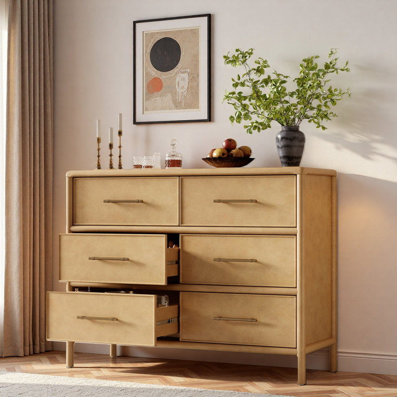 Commode avec 6 tiroirs et poignées dorées, Naturel