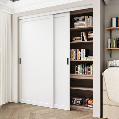 80" Sliding Door–3 or 1 Lite Panel Design White MDF With Handles & Installation Hardware Kit（No assembly required）