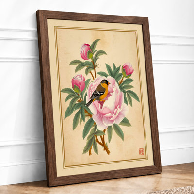 Peonies with Songbird Japandi - Framed Print