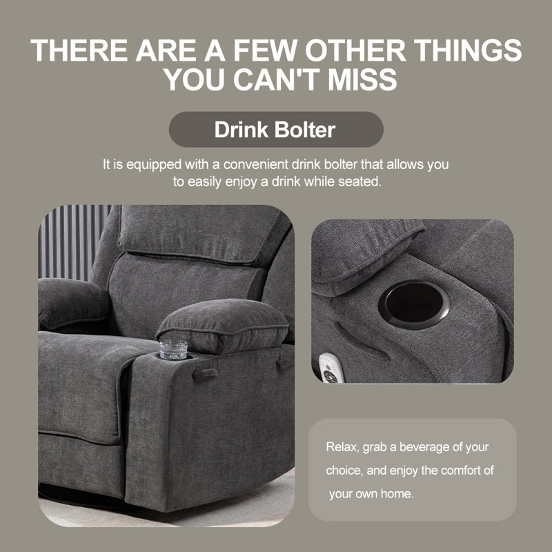 Modern Heated Massage Swivel Rocker Recliner with cup holders, Dark Gray