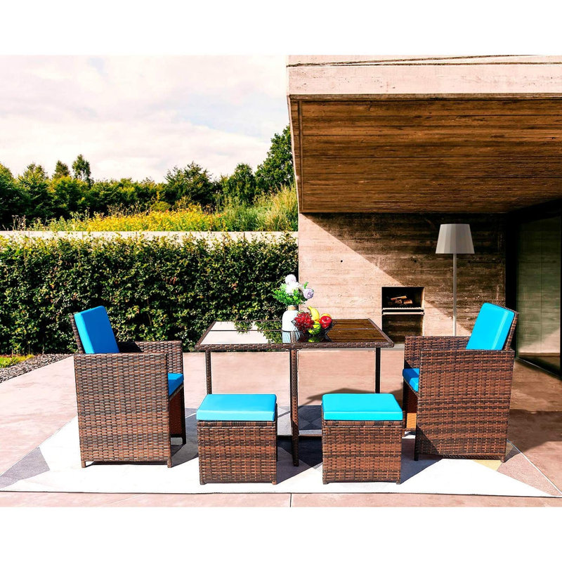 Fransje 4 - Person Wicker Patio Dining Set with Rectangular Table, Blue