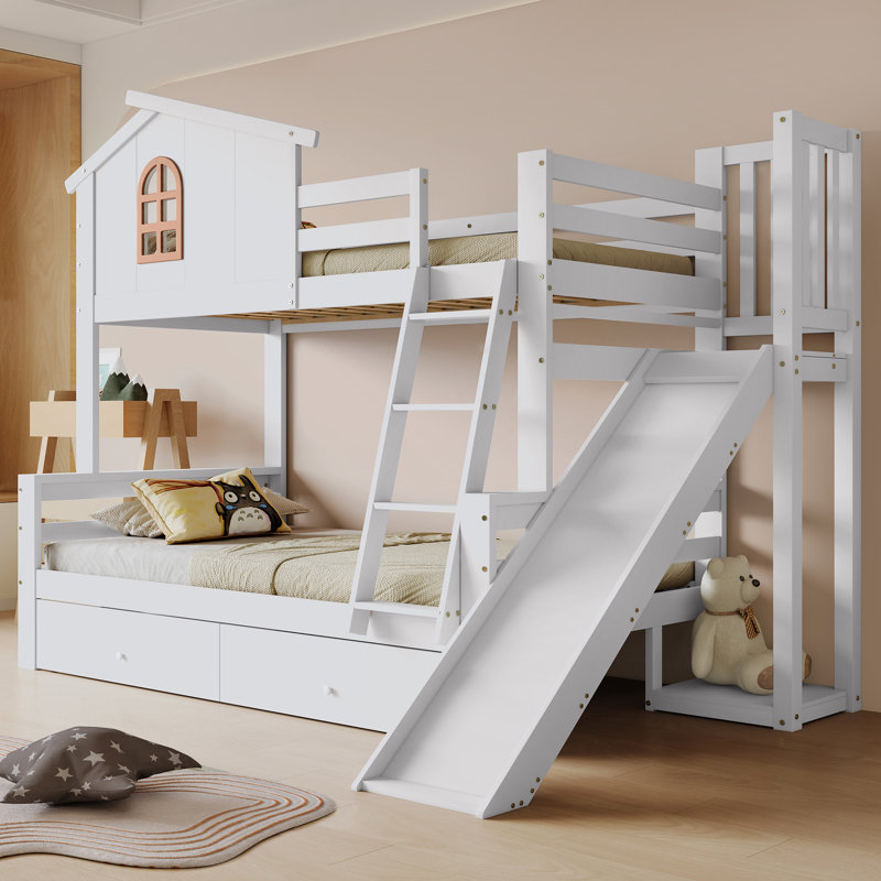 Solid Wood Bunk Bed With Distinctive Windows, Four-Step Tilt Ladder & Slide, Parent And Child Beds, Two Drawers – White