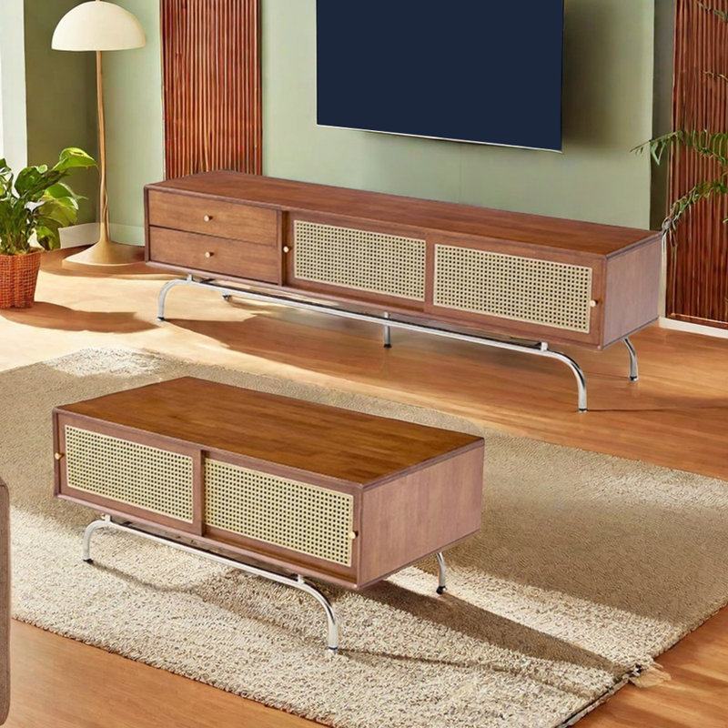 Combinaison de table basse vintage en rotin et télé, Brun