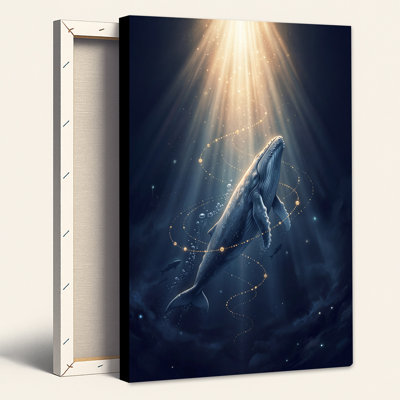 Whale Rising In Dark Blue Ocean With Glowing Lights Canvas Wall Art