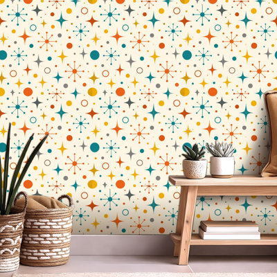 Peel and Stick Wallpaper Contact Paper Mid century fifties modern atomic retro colors seamless Part Self Adhesive and Removable 24in x 118in(60x300cm)
