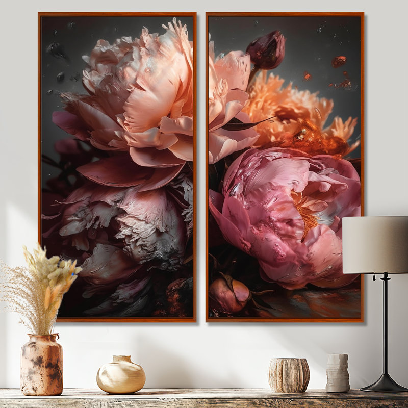 Art pivoines oranges et roses - Grandes pivoines, art mural, 32" H x 32" W, Impression encadrée flottante, Brown