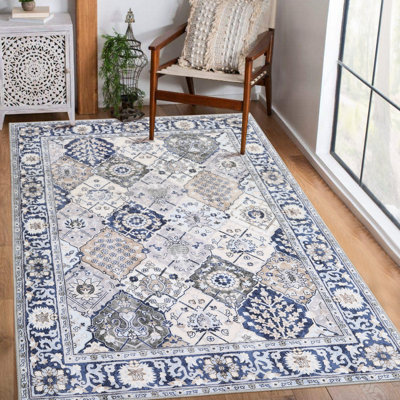 Tapis à motif de treillis lavable et antidérapant à tapis oriental doux à poils courts pour tapis de salon, de chambre à coucher, de cuisine, de vestibule et de salle de bain bleu idéal pour les maisons à grand débit