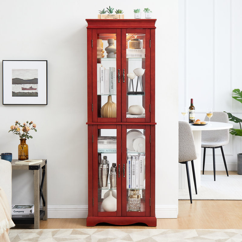 Vitrine lumineuse avec tablettes réglables en verre, 6, cloison mobile, hauteur de tablette sophistiquée en cerisier -