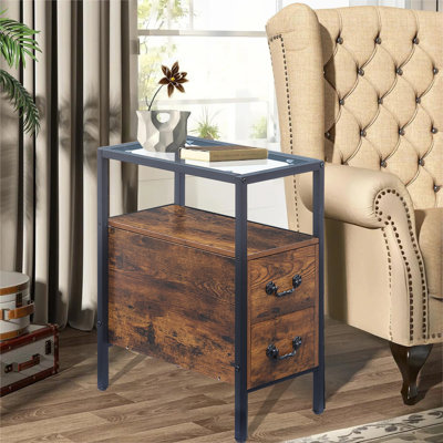 Tables de bout étroites brunes avec tiroirs et tablette ouverte, tables de chevet industrielles modernes avec rangement pour chambre à coucher, canapé ou petits espaces