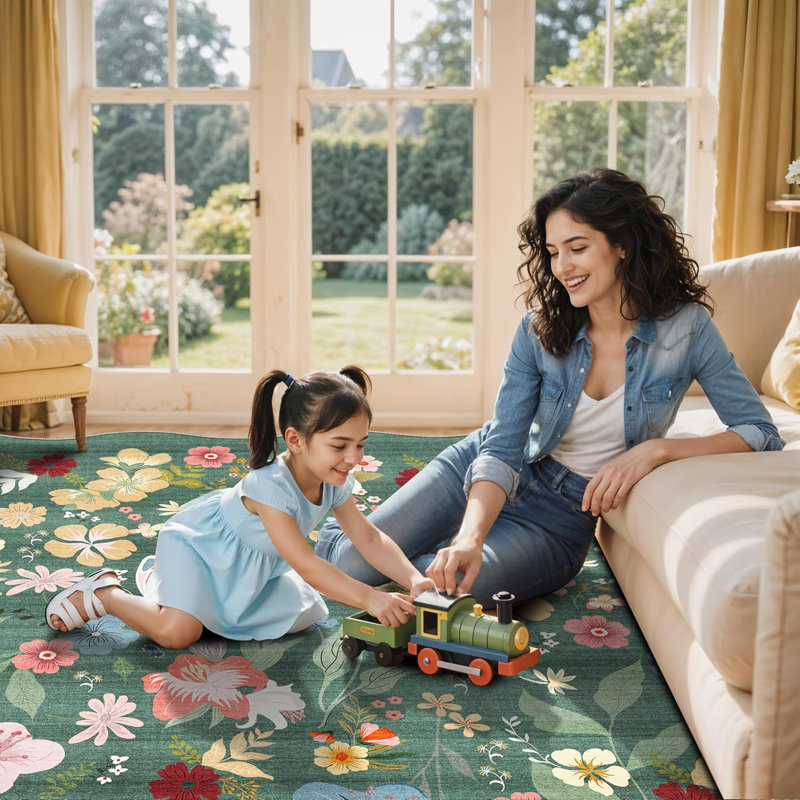 Washable Living Room Area Rug : Large Vintage Floral Bedroom Rugs Non-Slip Stain Resistant Carpet for Dining Room Kitchen Soft Thin Low Pile Indoor Home Decor Floor Mat for Playroom(Green)
